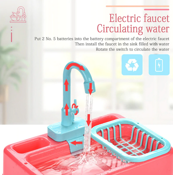 Battery-Operated Dishwasher Sink Toy – Blue / Yellow / Pink / Navy Blue Color