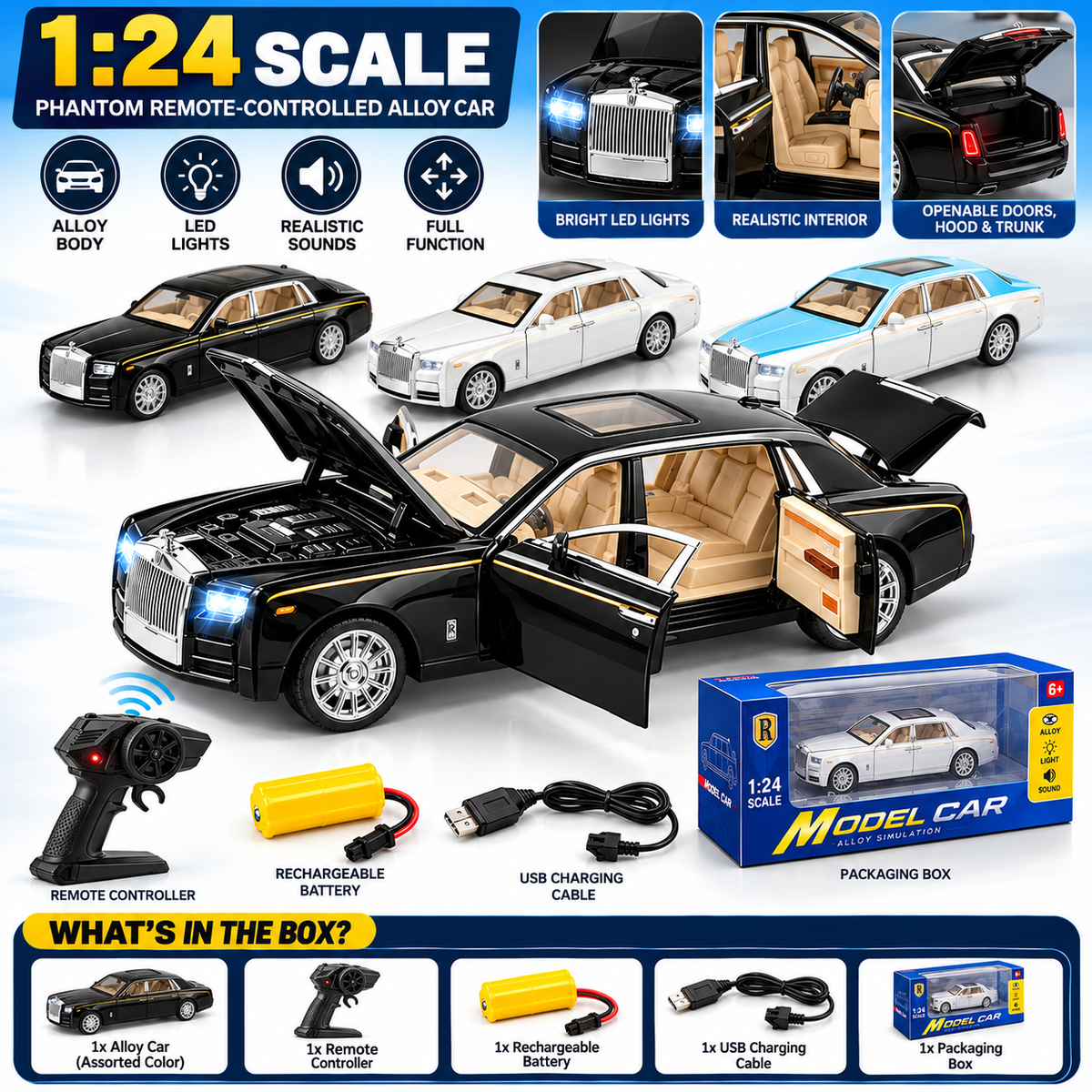 1:24 Scale Phantom RC Alloy Luxury Car – Remote Control Toy with LED Lights & Sound