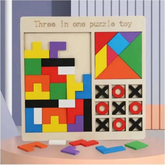 3-in-1 Wooden Puzzle Toy – Tangram, Block Fit & Tic Tac Toe Game