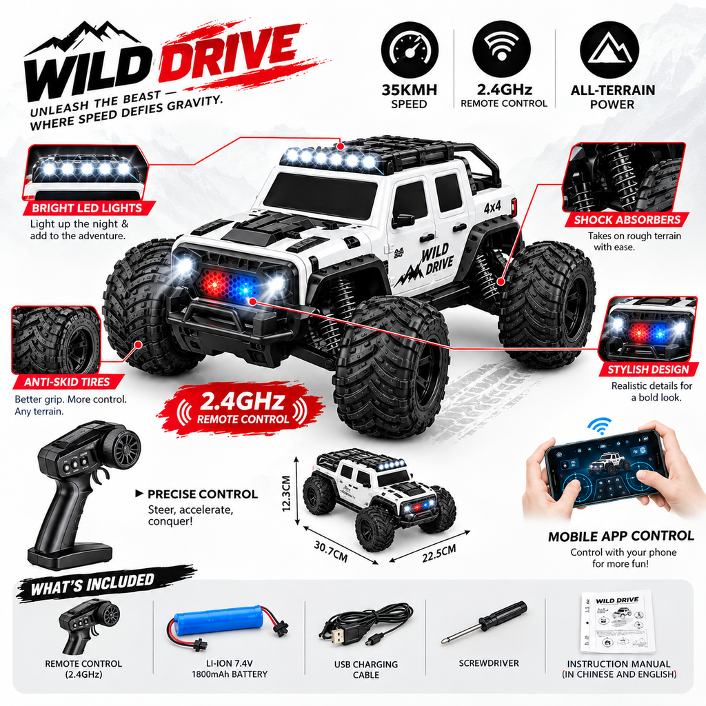 Wild Drive 1:18 RC Off-Road Pickup Truck – 35KMH, 2.4GHz Remote & Mobile App Control