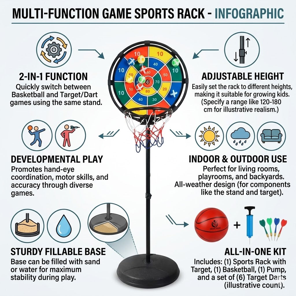 2-in-1 Kids Sports Center: Basketball Hoop & Magnetic Dartboard Game Set
