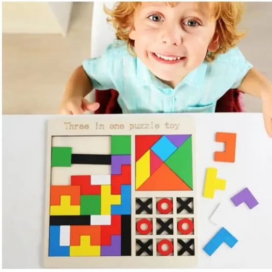 3-in-1 Wooden Puzzle Toy – Tangram, Block Fit & Tic Tac Toe Game