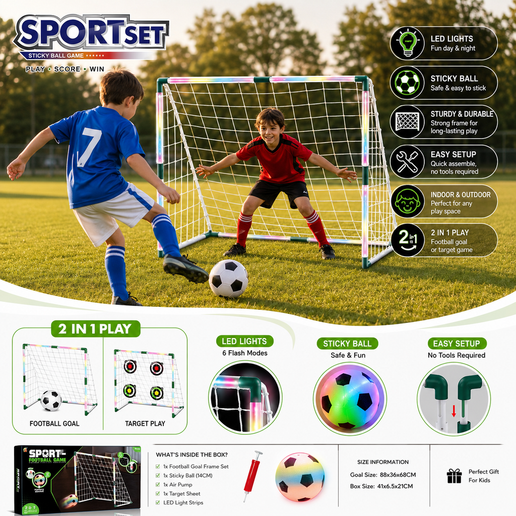 2-in-1 LED Football Goal Sticky Ball Game Set for Kids