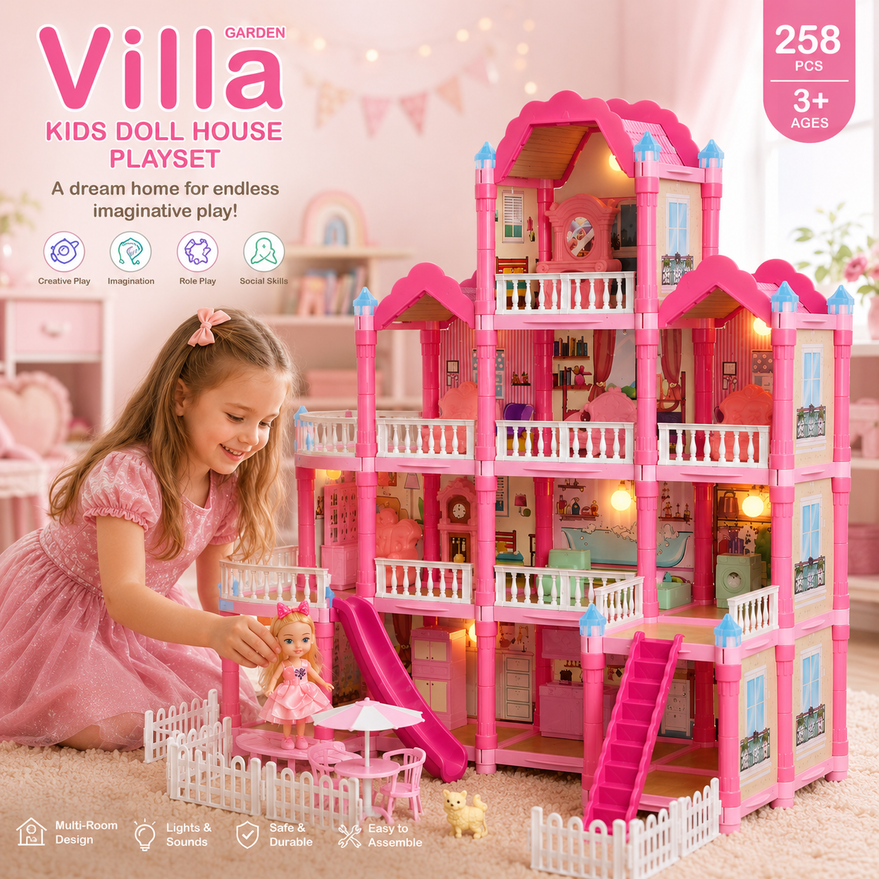 Kids Villa Doll House Playset – 258 Pieces