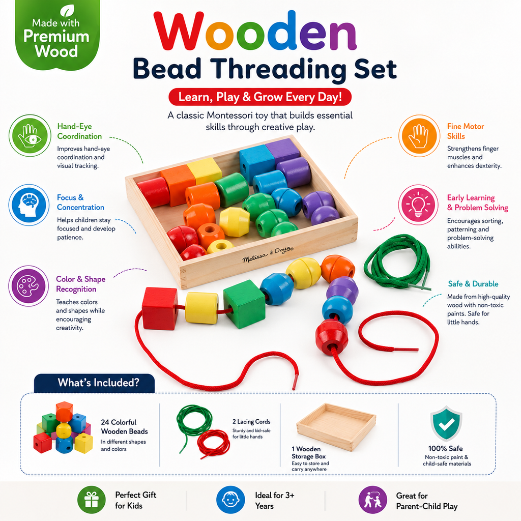 Wooden Lacing Bead Threading Set