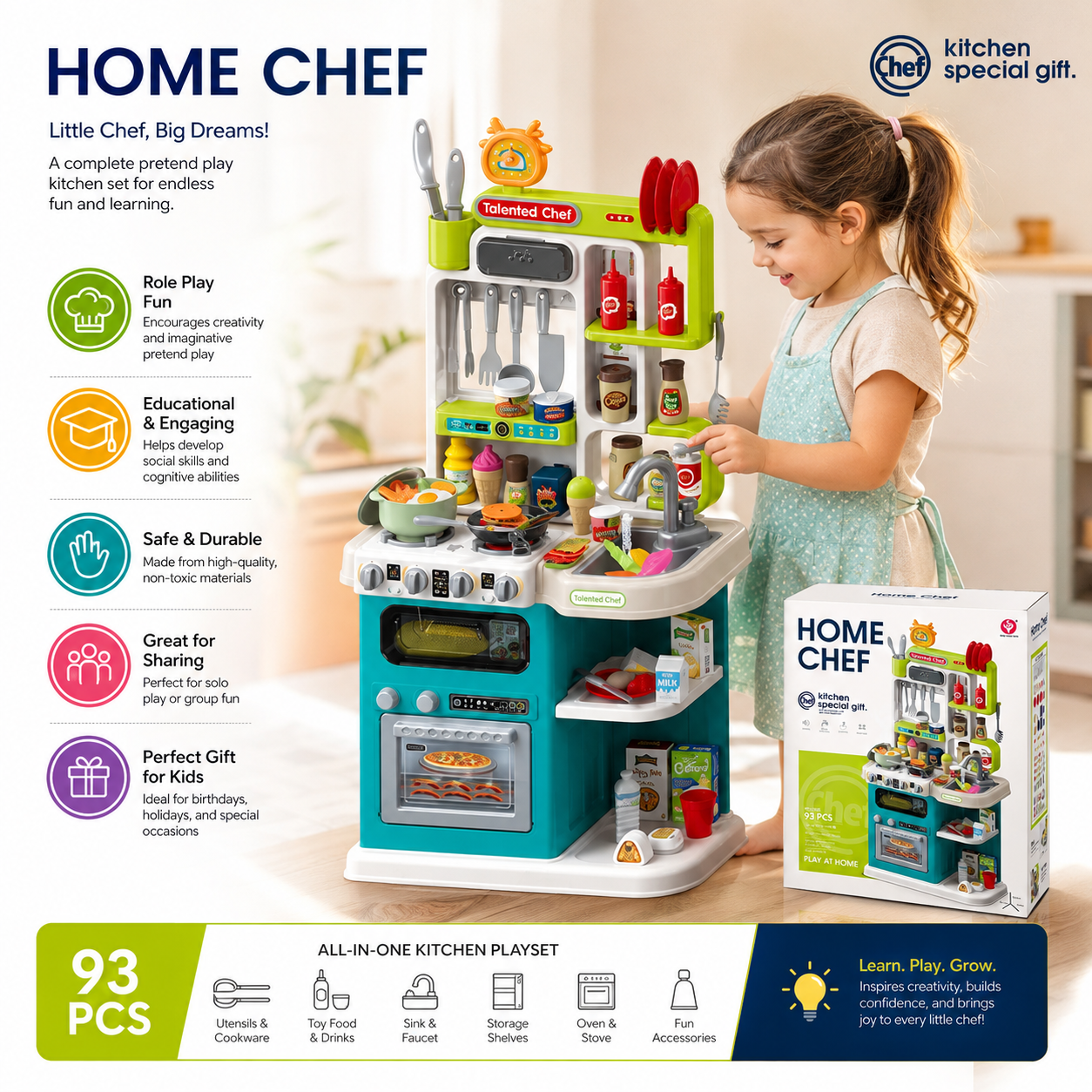 Home Chef Kitchen Play Set – 93 PCS Pretend Play Cooking