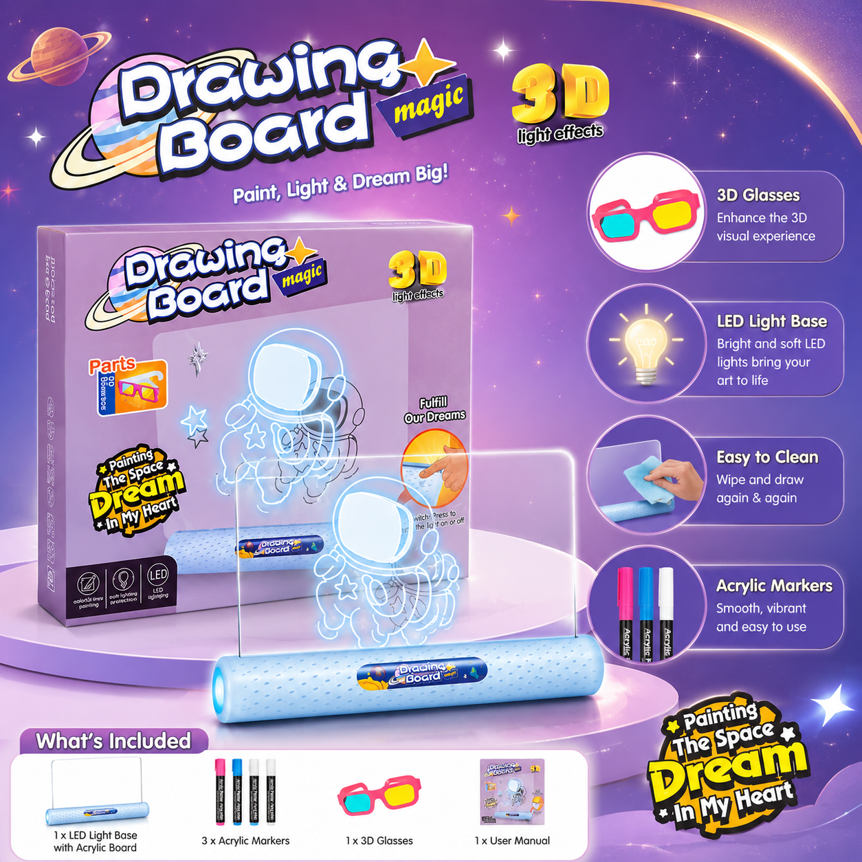 Drawing Board Magic 3D LED Light-Up Drawing Board for Kids