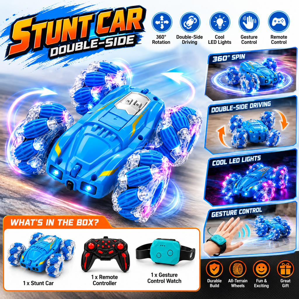 360° Double-Sided RC Stunt Car with Gesture Control, LED Lights & Remote