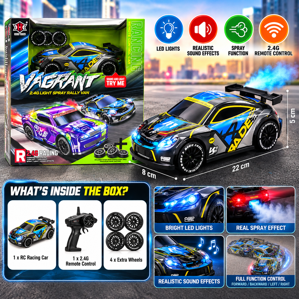 Vagrant 2.4G RC Racing Car with LED Lights, Spray & Sound Effects