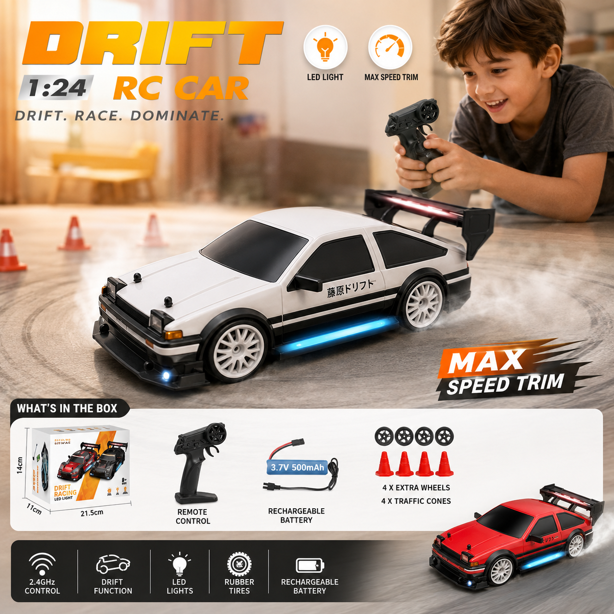 1:24 RC Drift Car with LED Lights & Rechargeable