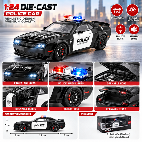 1:24 Die-Cast Police Car Toy – Metal Model with Lights & Sound