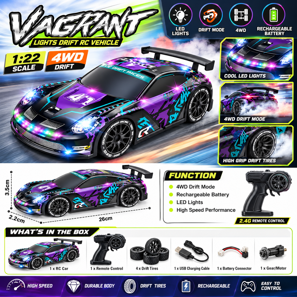 1:22 Scale 4WD RC Drift Racing Car with LED Lights & Rechargeable Battery
