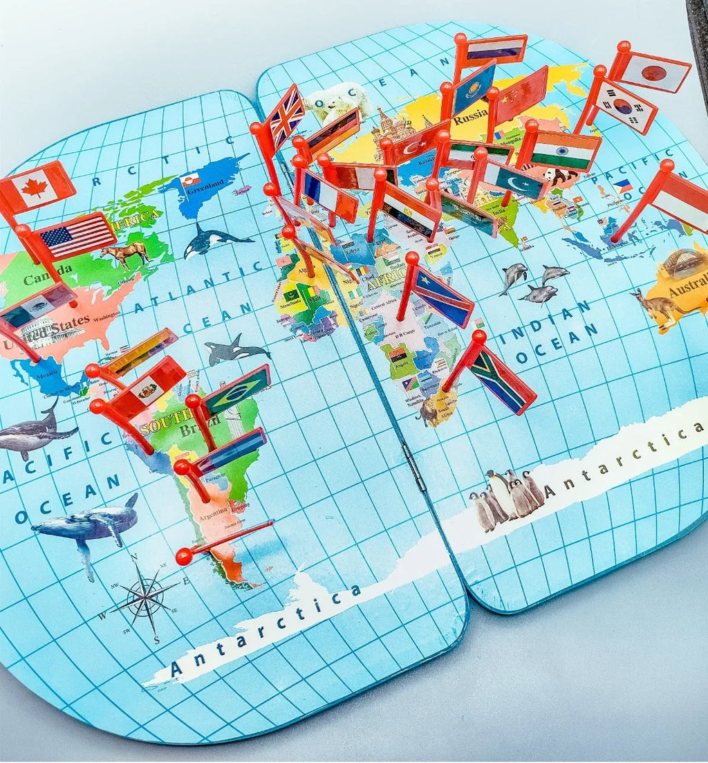 Wooden World Map with Recognition Flags - JustForKids