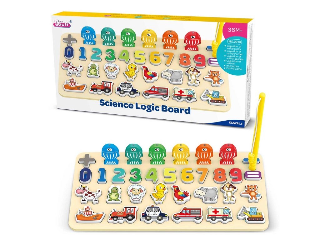 Numbers, Animals, and Vehicles Interactive Board with Magnetic Fishing