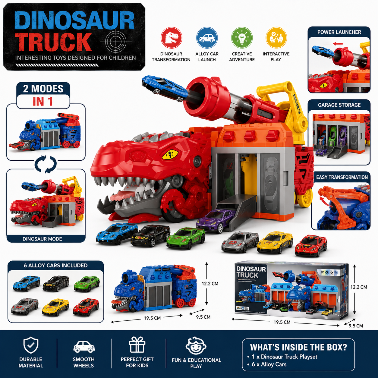 2-in-1 Dinosaur Truck Playset with 6 Alloy Cars