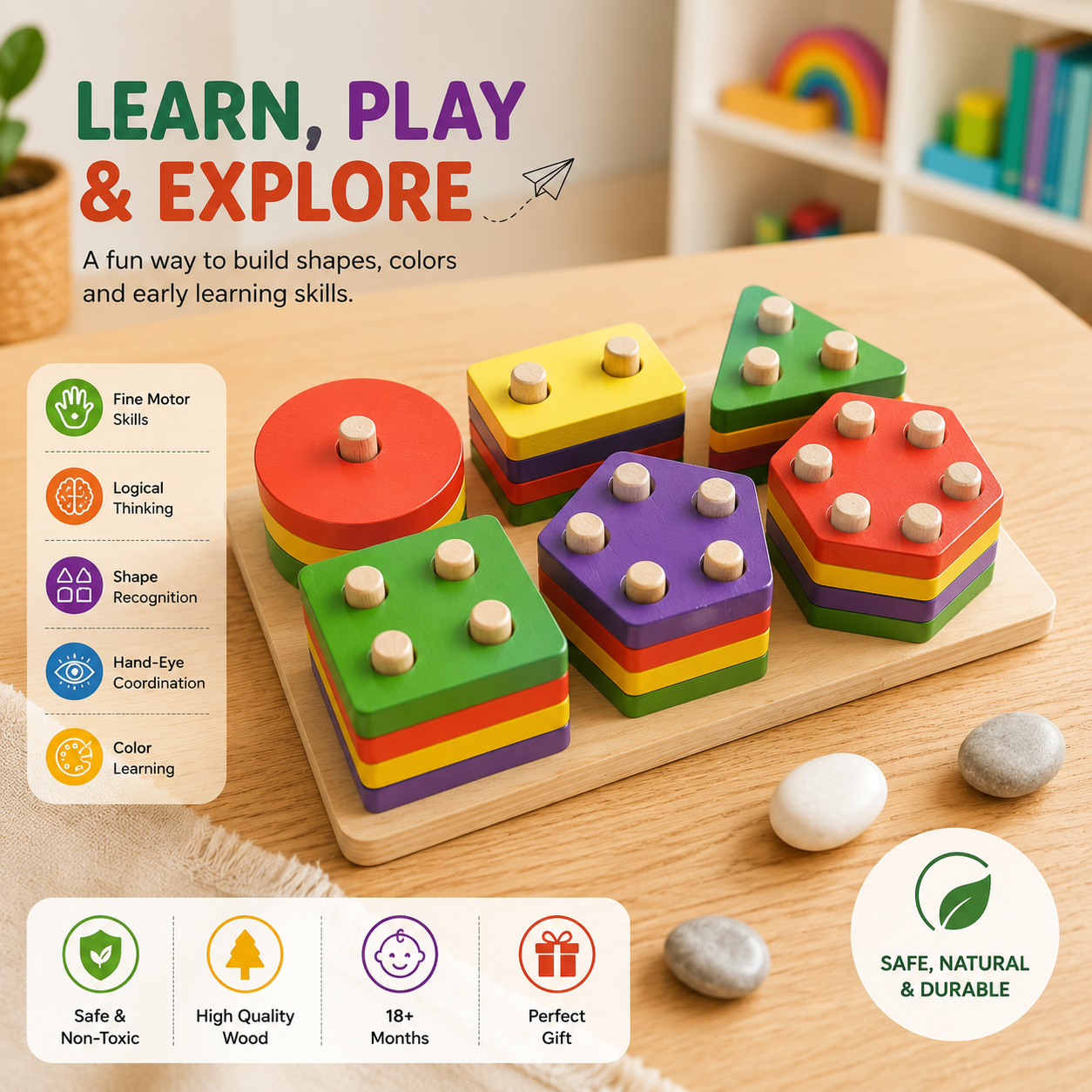 Wooden Shape Stacking - Montessori Educational Learning Toy