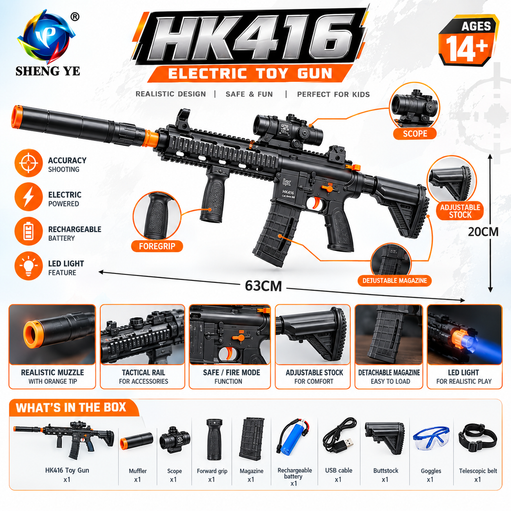 HK416 Electric Toy Gun with Scope, LED Light & Rechargeable Battery