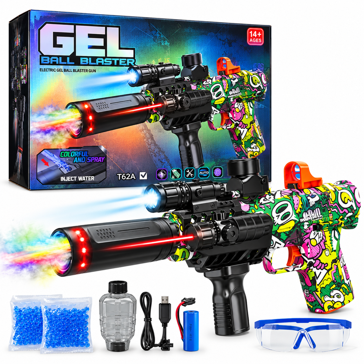 Electric Gel Ball Blaster Gun with LED Lights, Water Spray & Rechargeable Battery