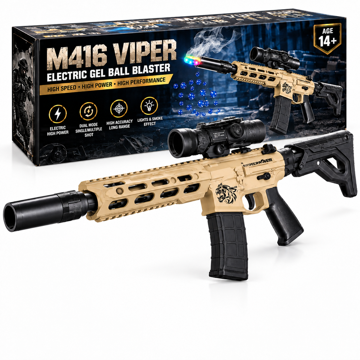 M416 Viper Electric Gel Ball Blaster Gun with Smoke, Lights & Scope