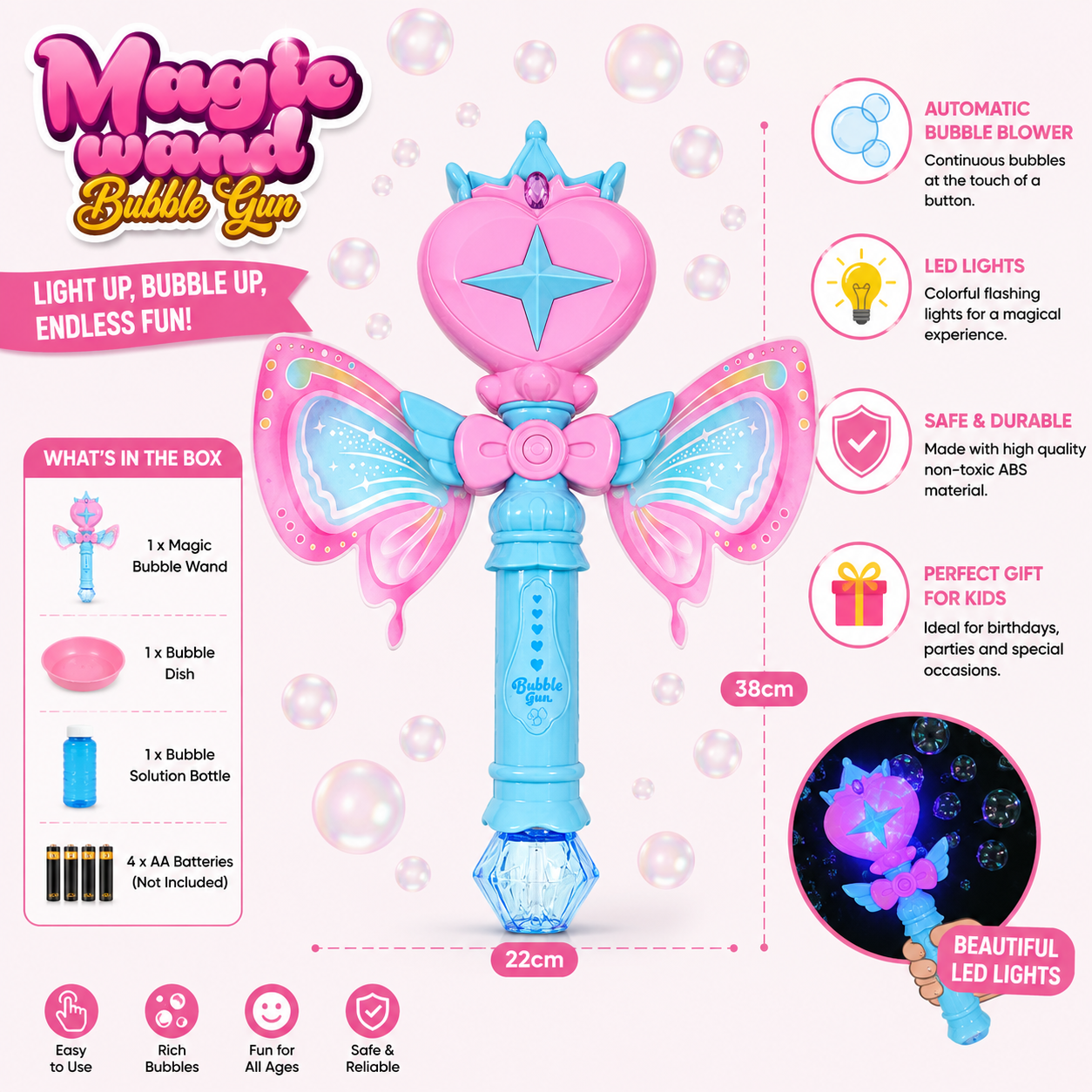 Magic Wand Bubble Gun with LED Lights & Butterfly Wings
