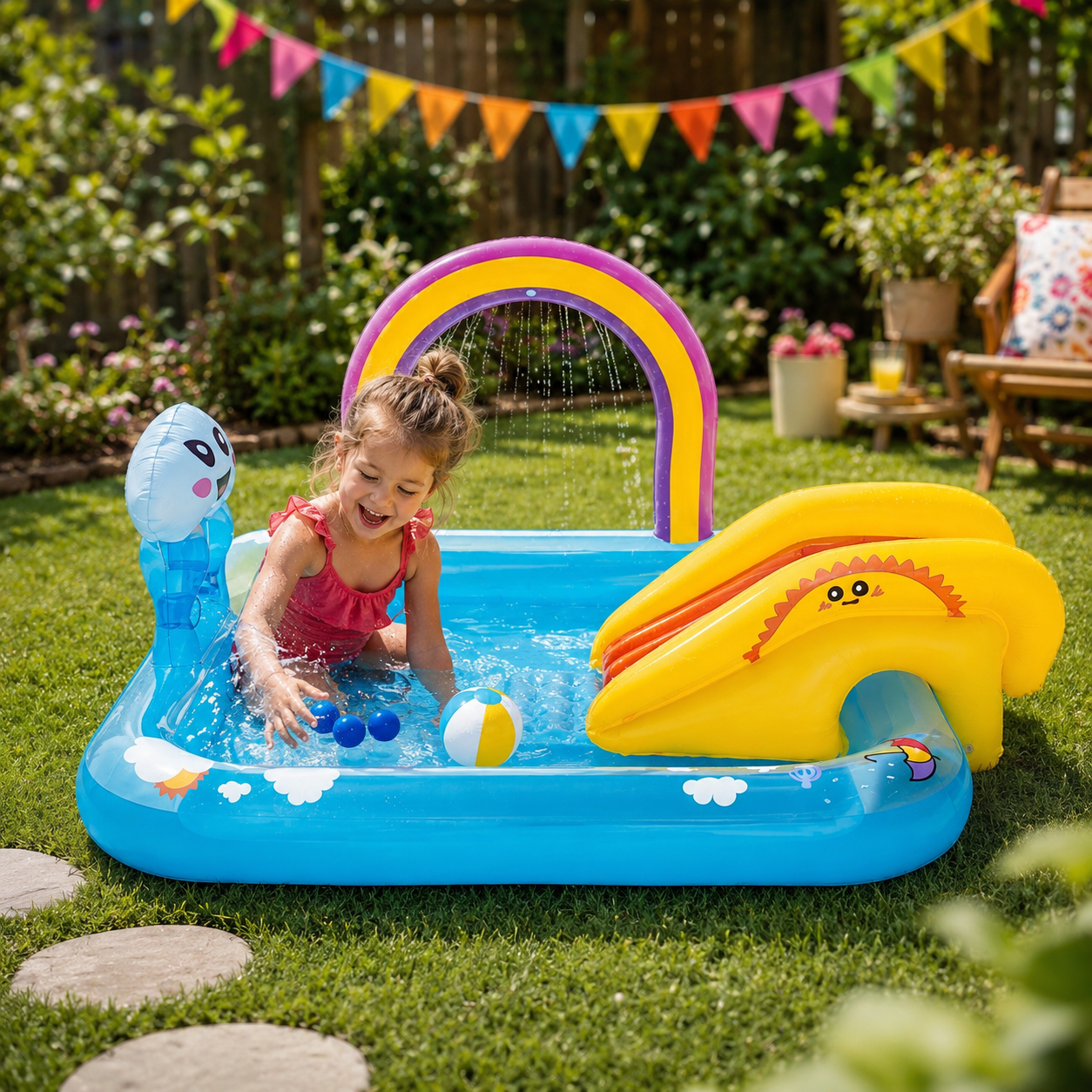 Inflatable Kids Water Play Center with Rainbow Sprinkler & Slide 6'2" x 5'9" x 35/1.88m x 1.50m x 89cm Rainbows N Rays Play Center