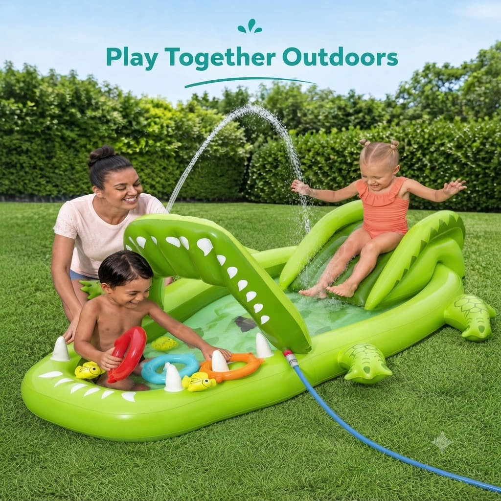 Inflatable Crocodile Water Play Center with Slide & Sprinkler 7'8" x 64" x 34"/2.34m x 1.63m x 87cm Later Gator Play Center