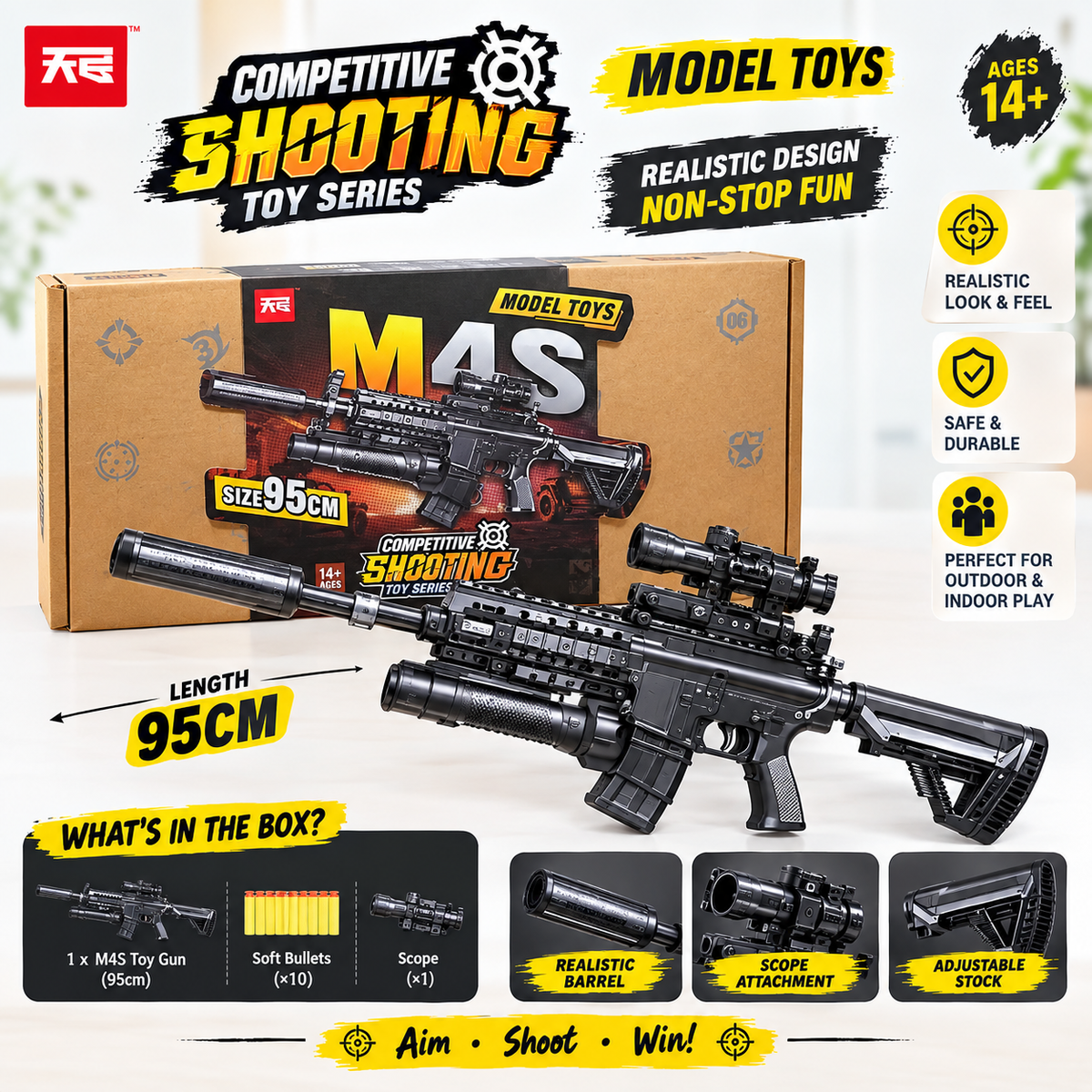 M4S 95cm Competitive Shooting Toy Gun with Scope & Soft Bullets – Model Toy