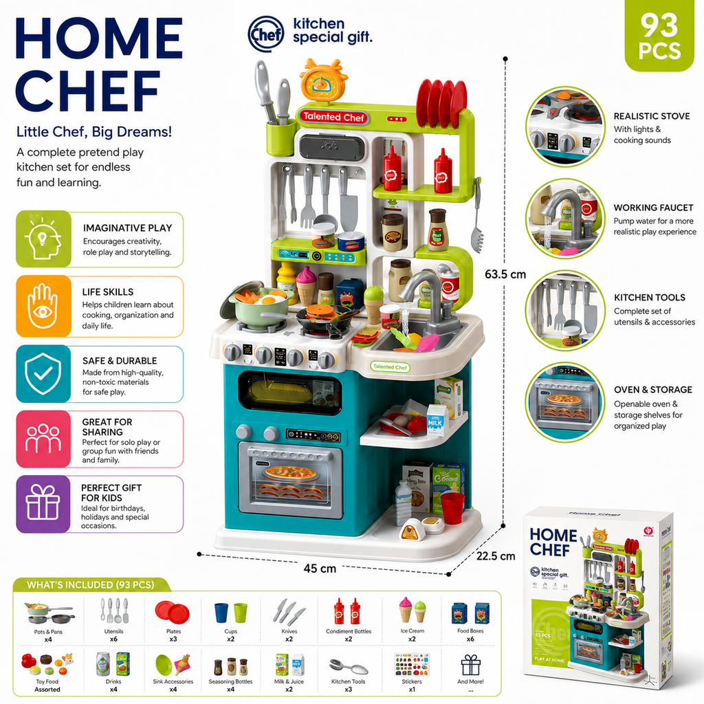 Home Chef Kitchen Play Set – 93 PCS Pretend Play Cooking