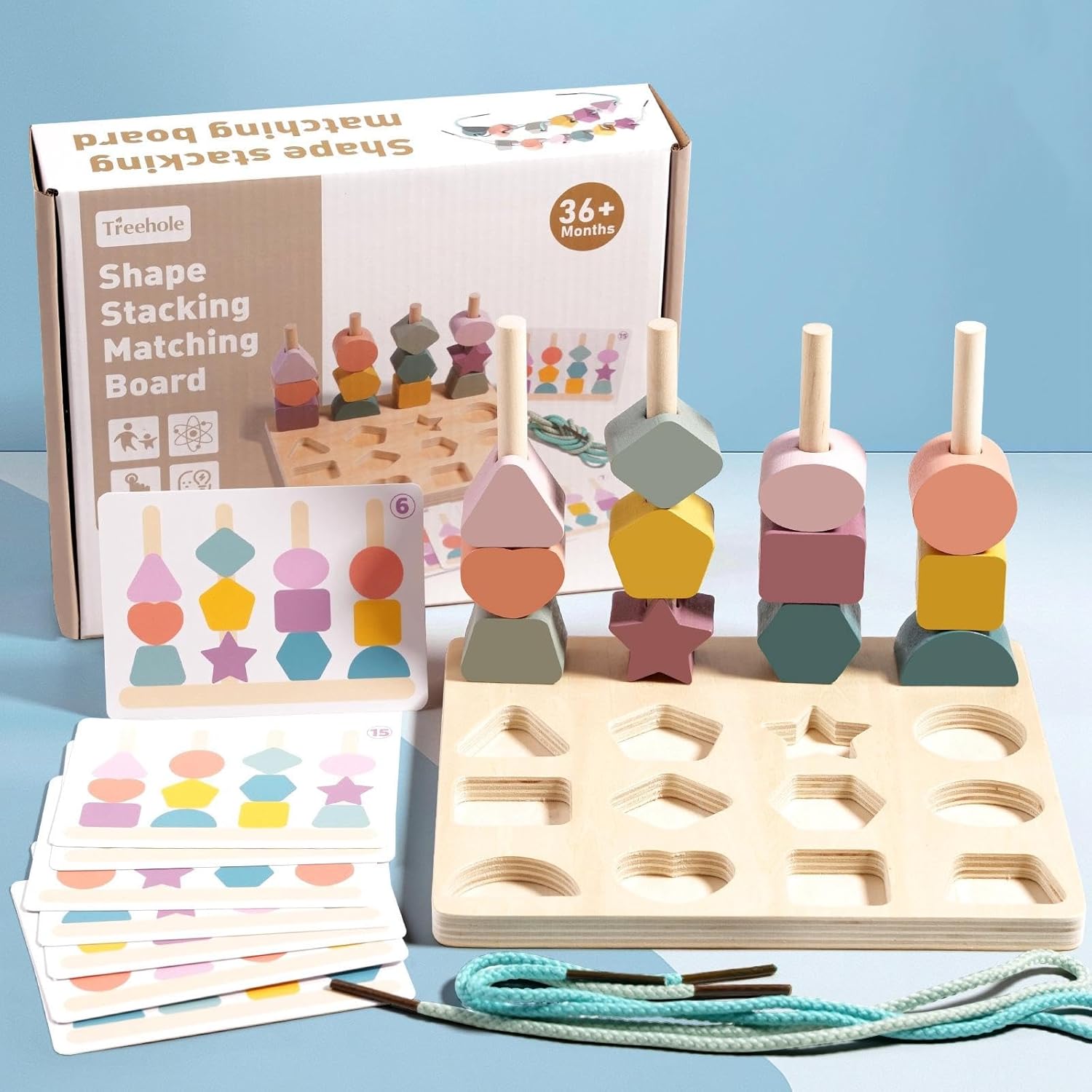 Wooden Montessori Shapes Stacking Sequence with Lacing - JustForKids