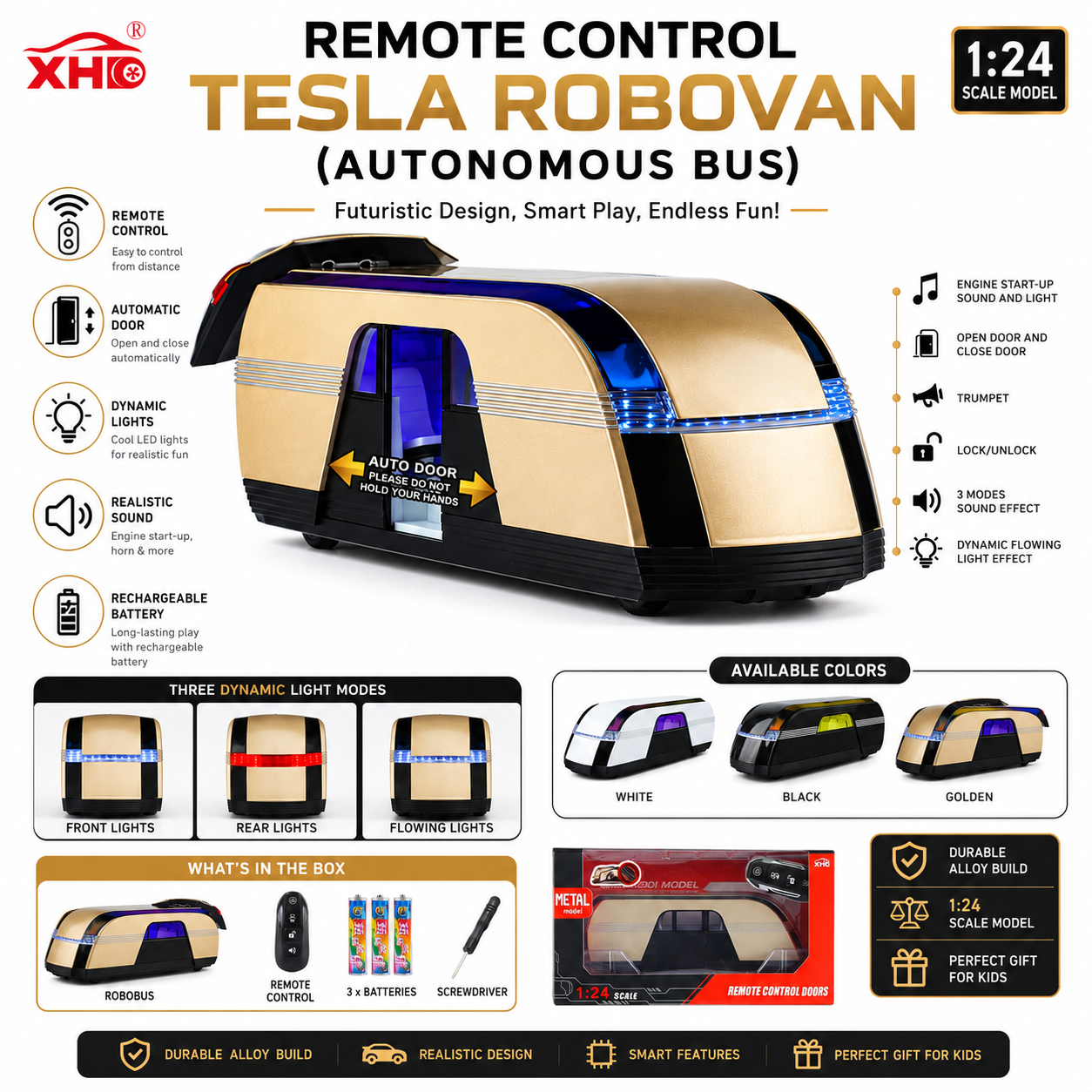 1:24 Remote Control Tesla Robovan Toy Bus with Automatic Doors, Lights & Sounds