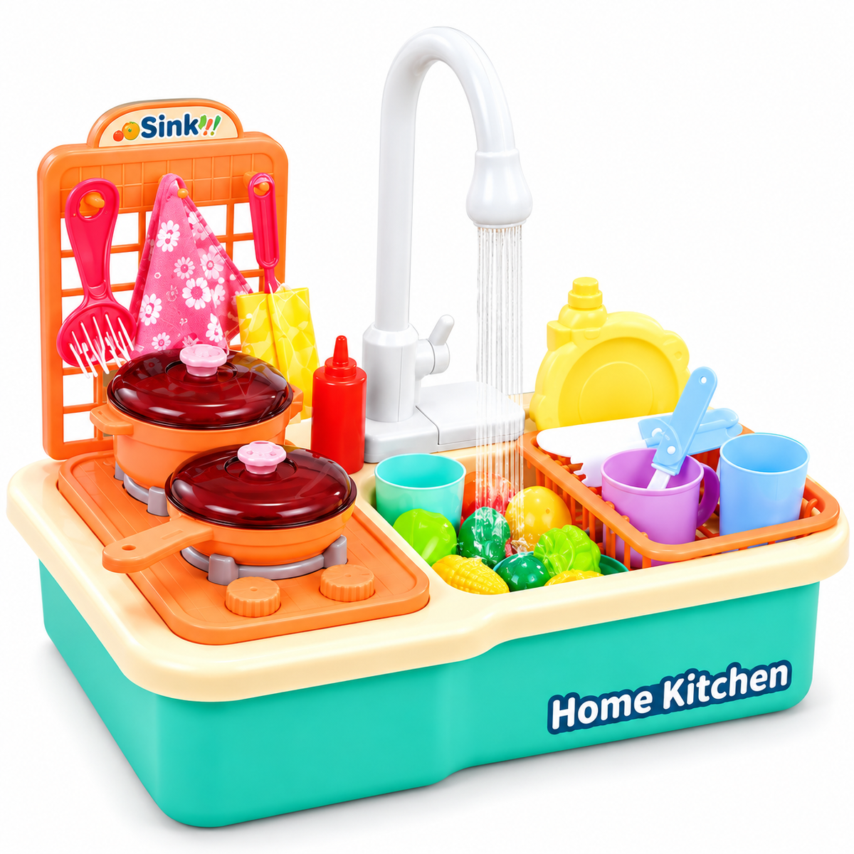 Kids Kitchen Sink Playset with Running Water & 26 Accessories