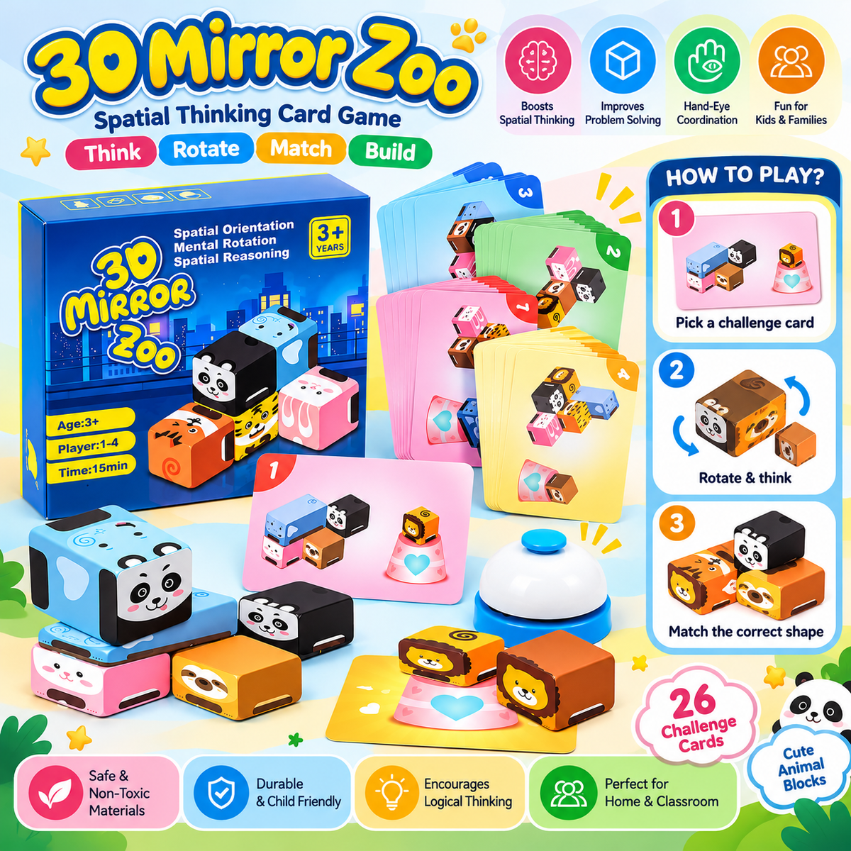 3D Mirror Zoo Spatial Reasoning Board Game