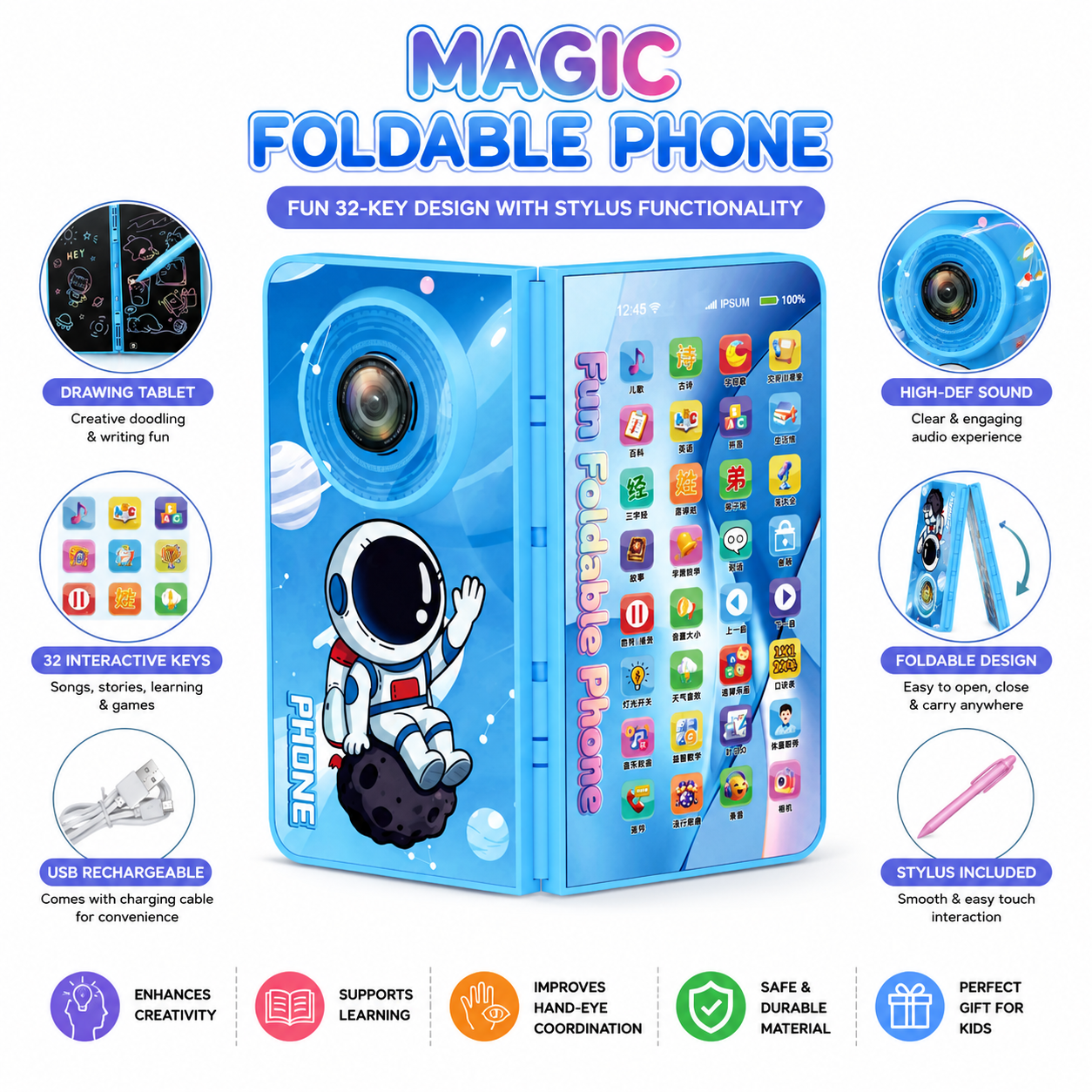 Magic Foldable Phone for Kids with Drawing Tablet & Camera