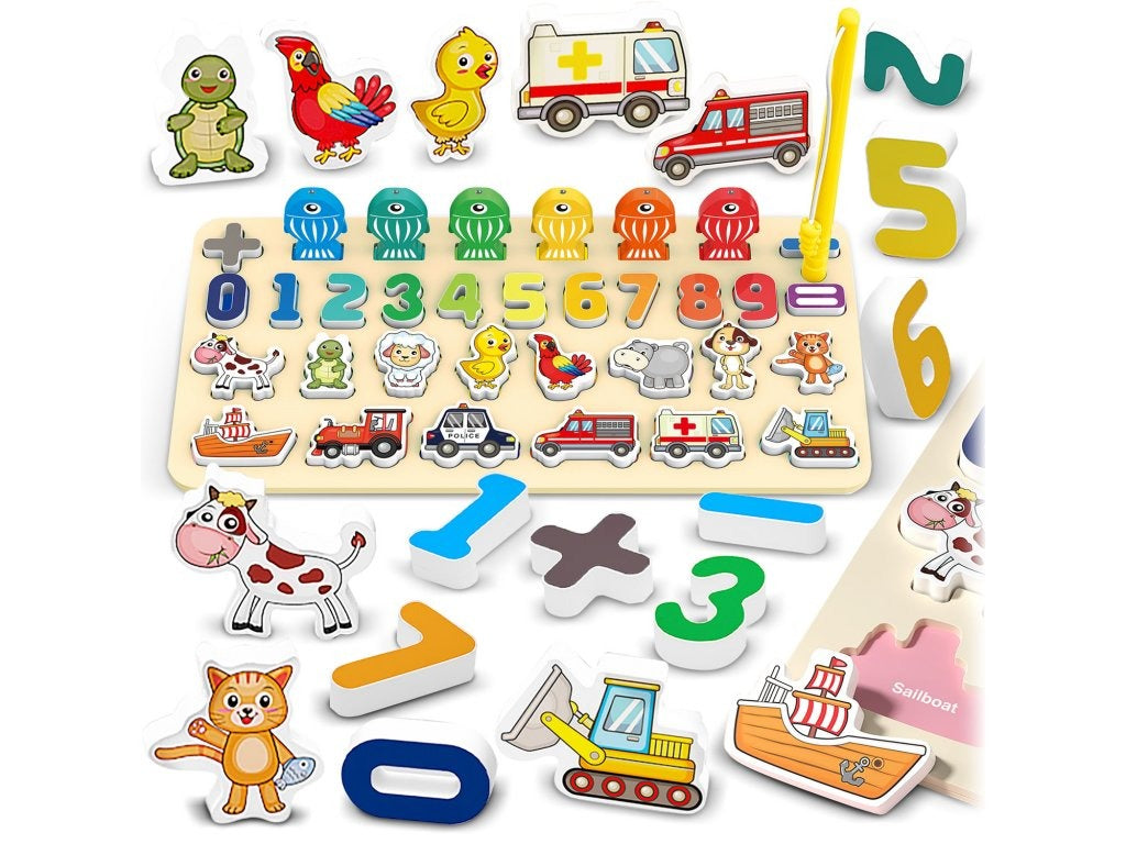 Numbers, Animals, and Vehicles Interactive Board with Magnetic Fishing