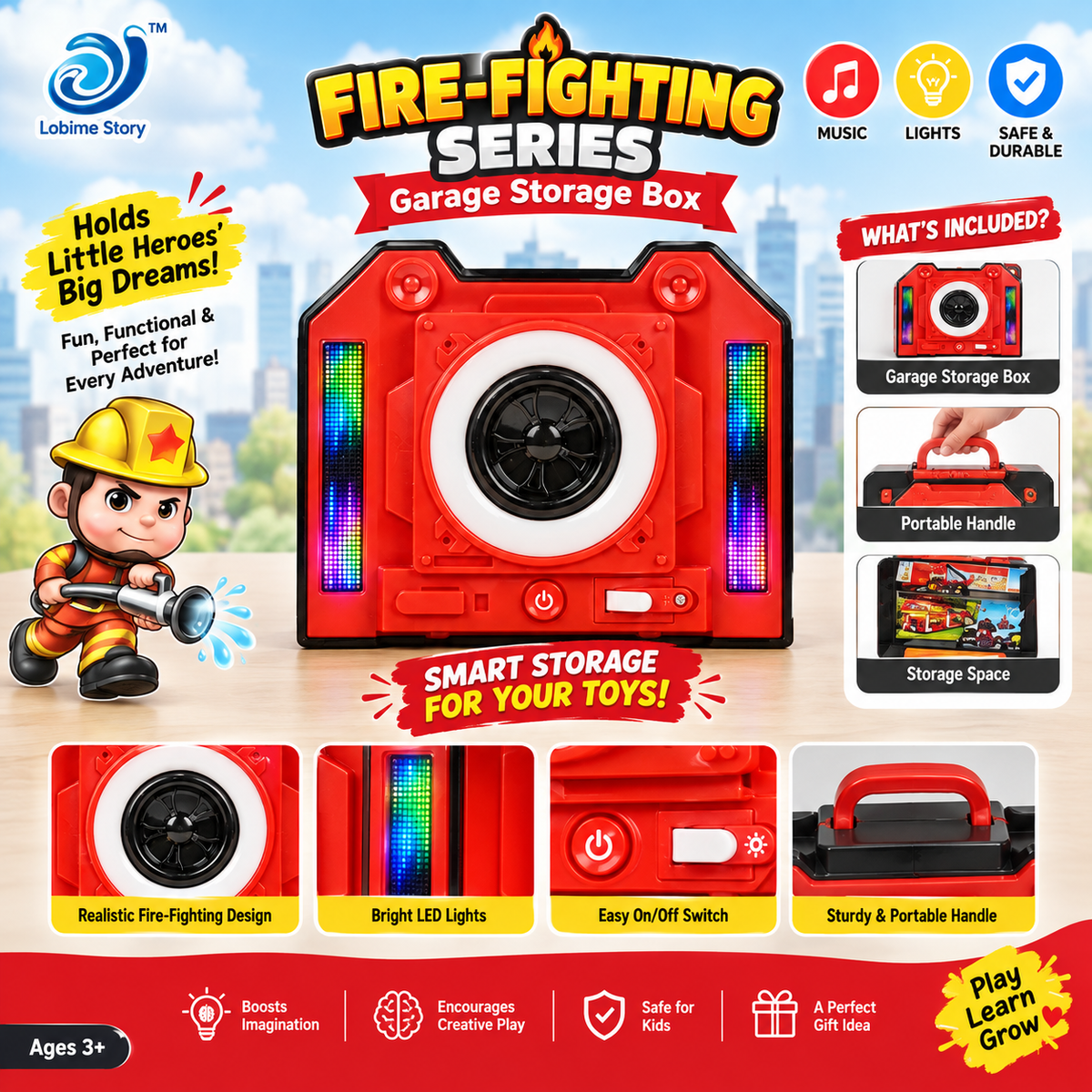 Fire-Fighting Series Portable Music & Light Garage Storage Toy for Kids