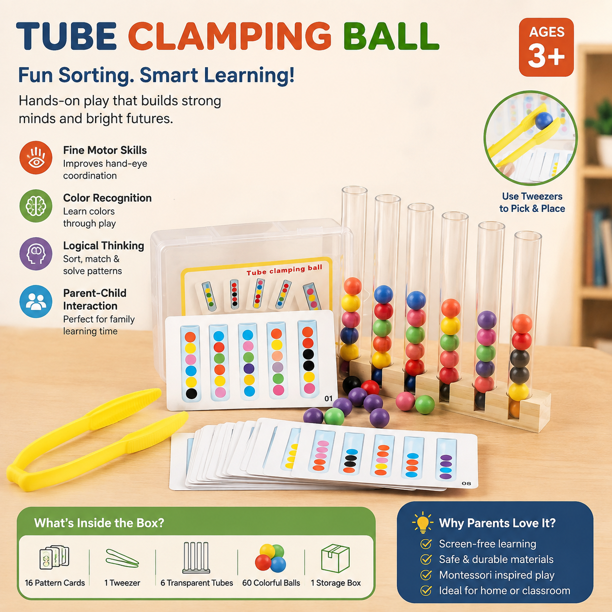 Wooden Tube Clamping Ball Montessori Educational Toy