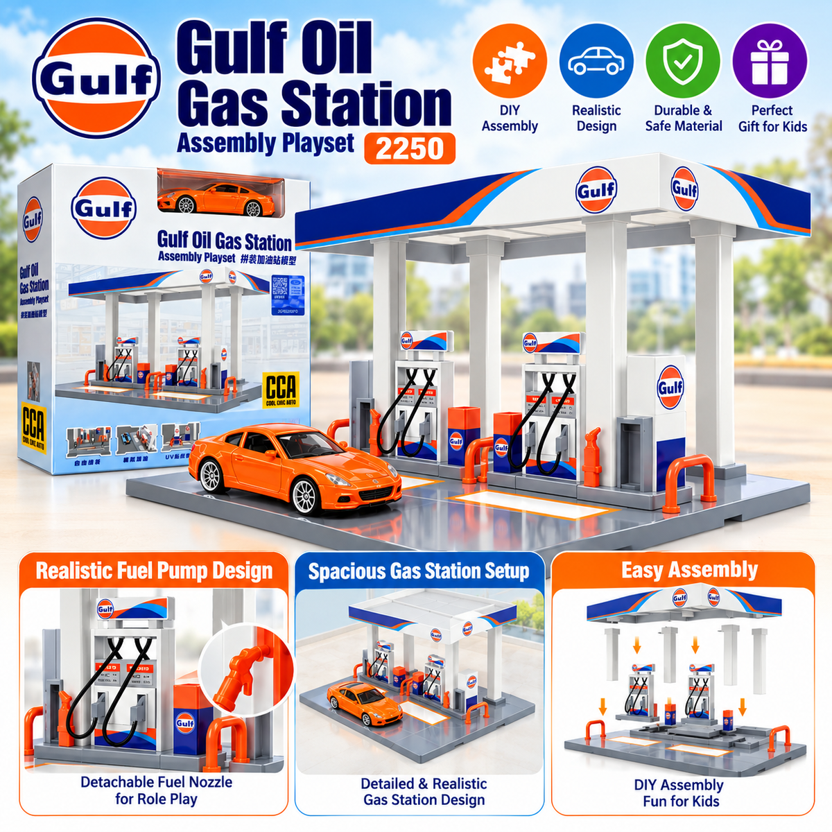 Gulf Oil Gas Station Assembly Playset with Toy Car