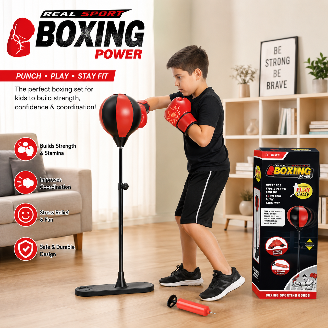 Kids Boxing Punching Ball Set – Adjustable Stand, Gloves & Pump