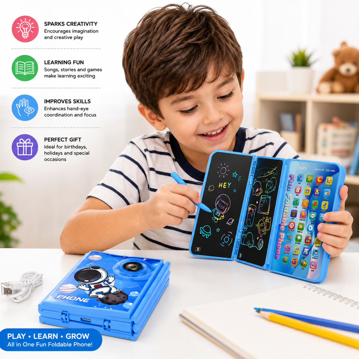 Magic Foldable Phone for Kids with Drawing Tablet & Camera