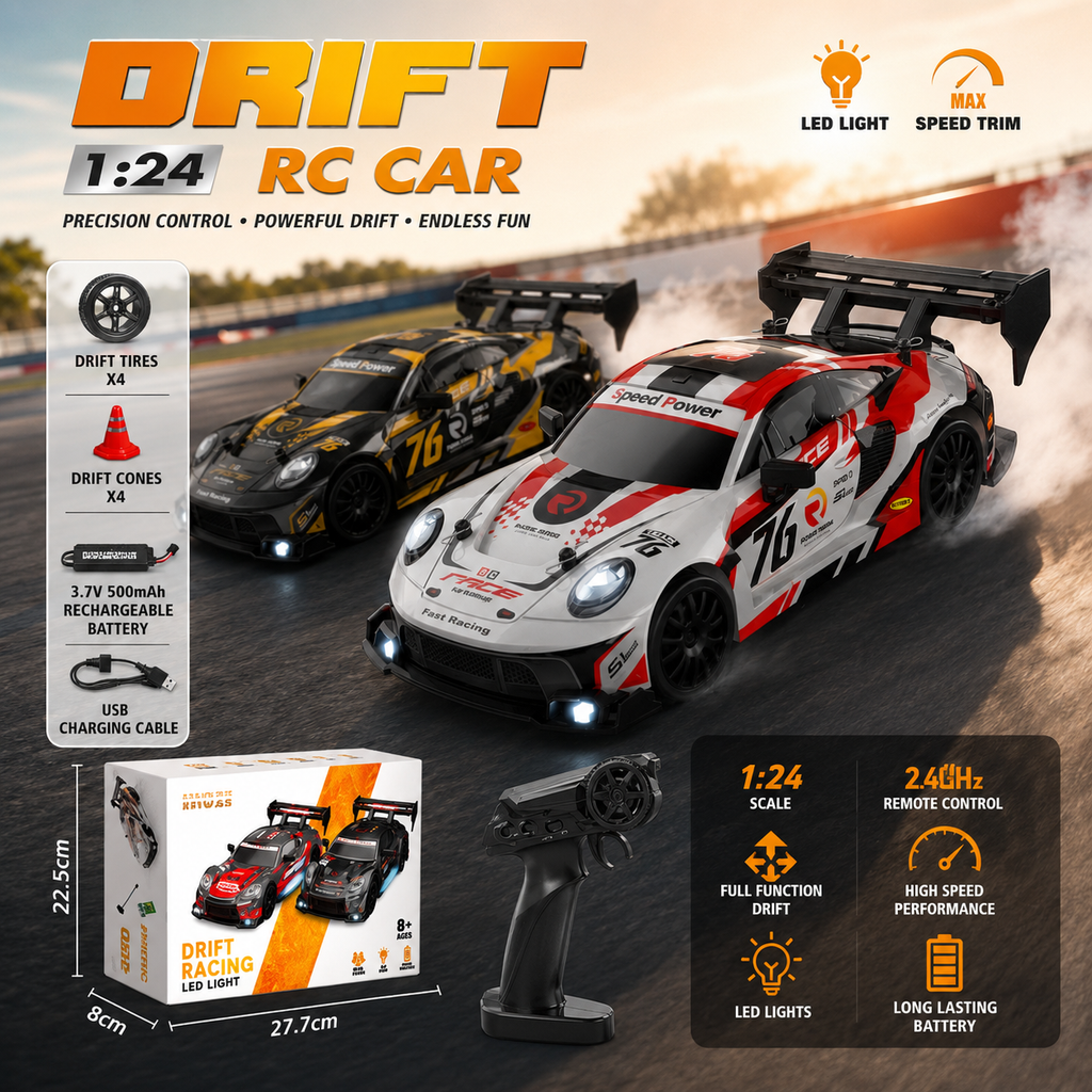 1:24 Drift RC Car with LED Lights – 2.4GHz Remote Control Racing Toy