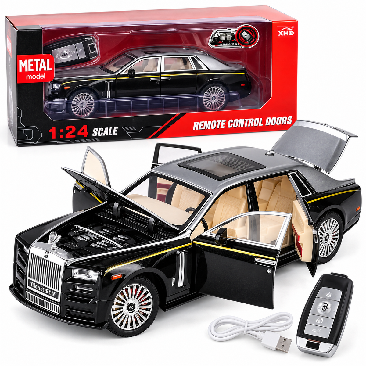 1:24 Phantom Luxury Die-Cast RC Car with Remote Control Doors, Lights & Sound