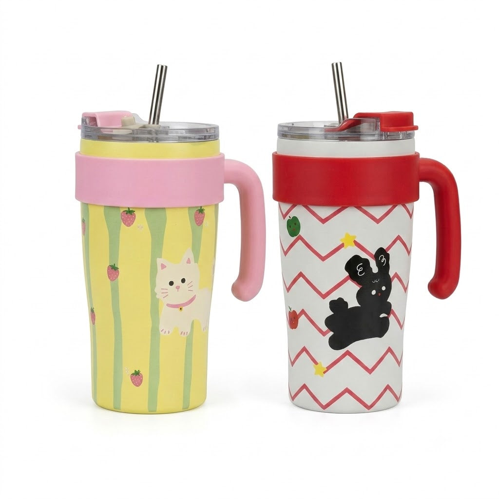 Cute Cartoon Insulated Travel Mug with Handle - Stainless Steel Straw
