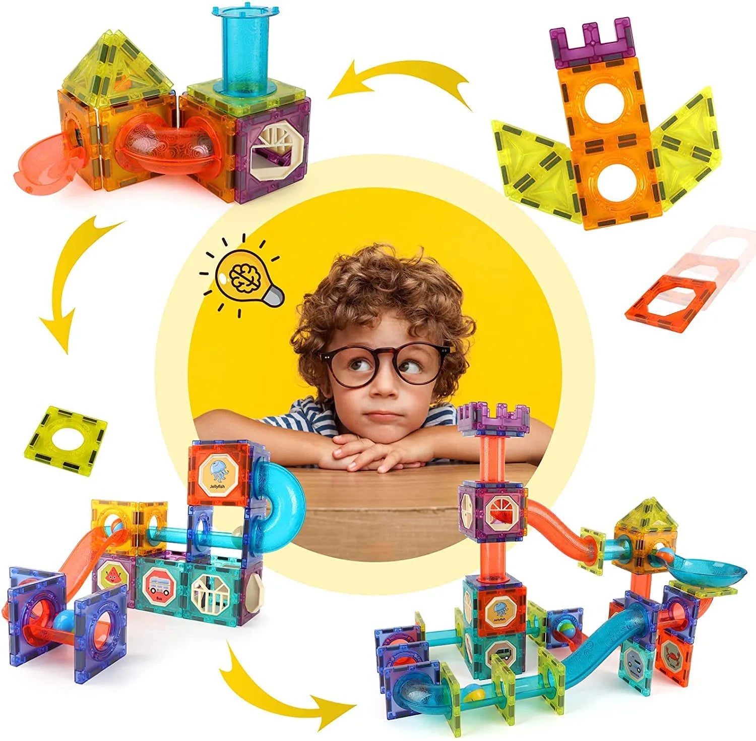 56-Piece DIY Magnetic Building Blocks – Luminous Tiles & Marble Run