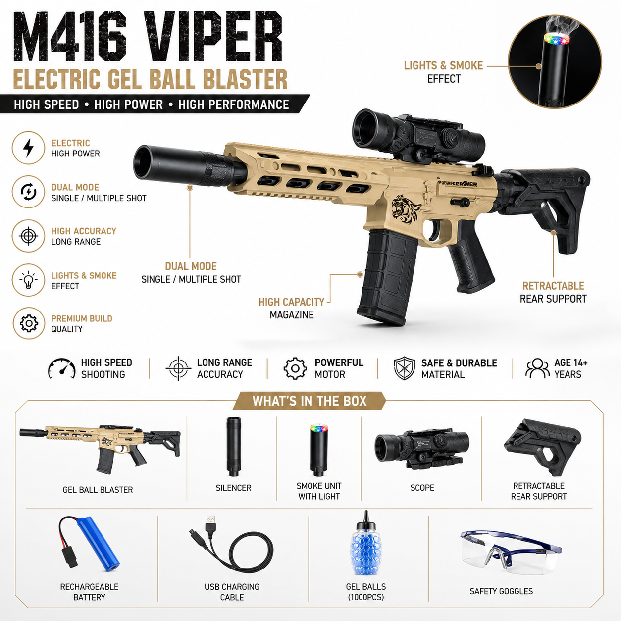 M416 Viper Electric Gel Ball Blaster Gun with Smoke, Lights & Scope