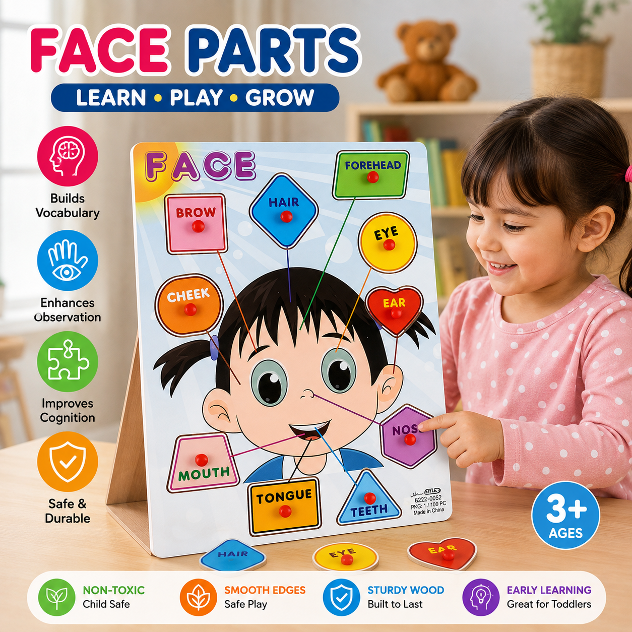 Wooden Body Parts Knob Puzzle Board