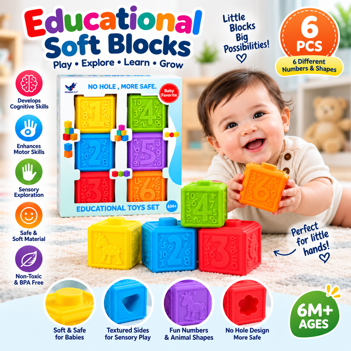 6-Piece Baby Sensory Building Blocks