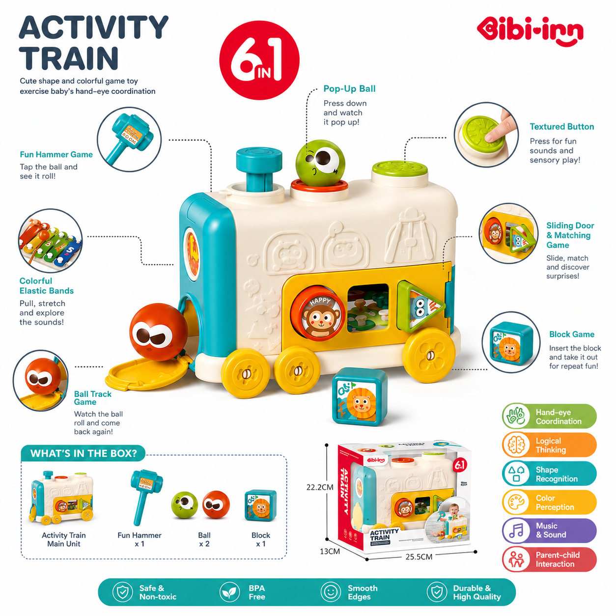 6-in-1 Activity Train Baby Learning Toy with Hammer & Matching Games