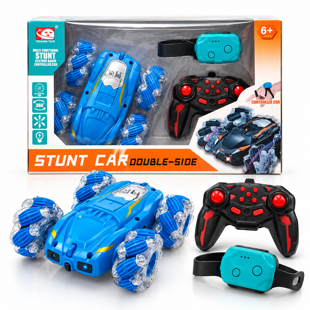 360° Double-Sided RC Stunt Car with Gesture Control, LED Lights & Remote