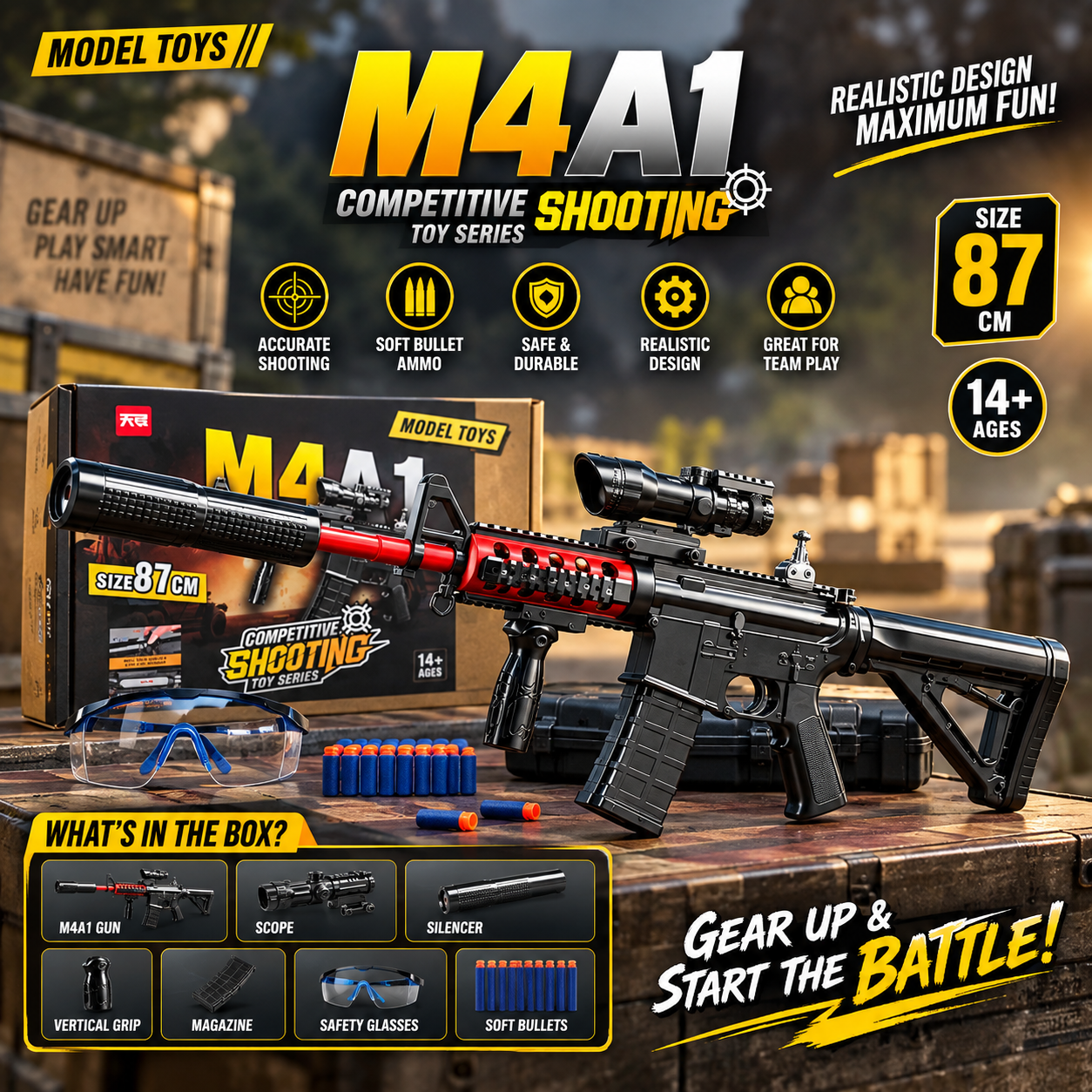 M4A1 Toy Rifle Set 87CM with Scope & Soft Bullets