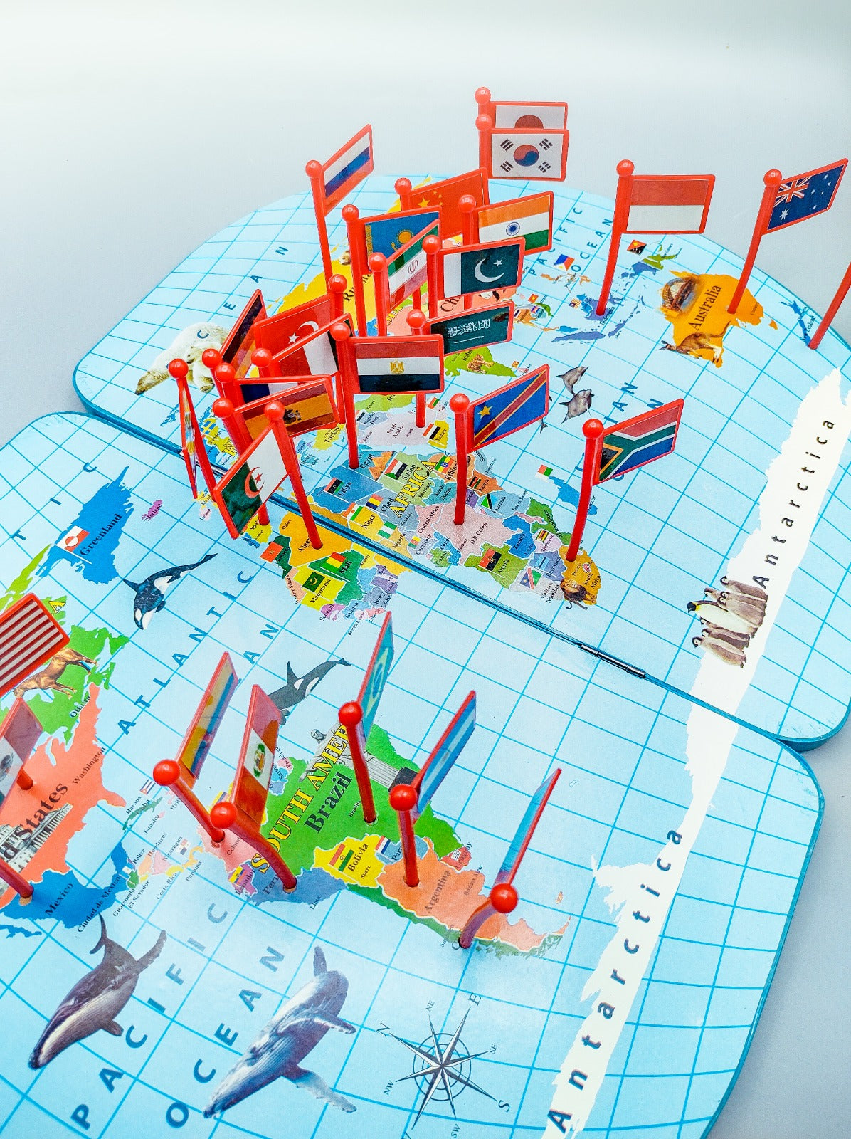 Wooden World Map with Recognition Flags